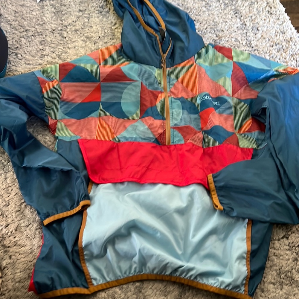 cotopaxi Teal Multi-Color Geometric Anorak Jacket with Red Waistband
